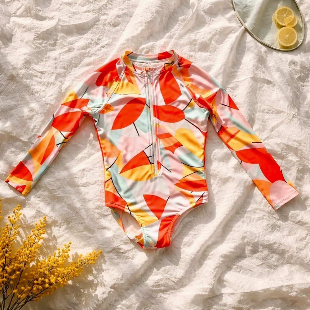 Wonder Nation brand Girls Zip Surf Geo Print Rash Guard swimsuit.   Size 10-12